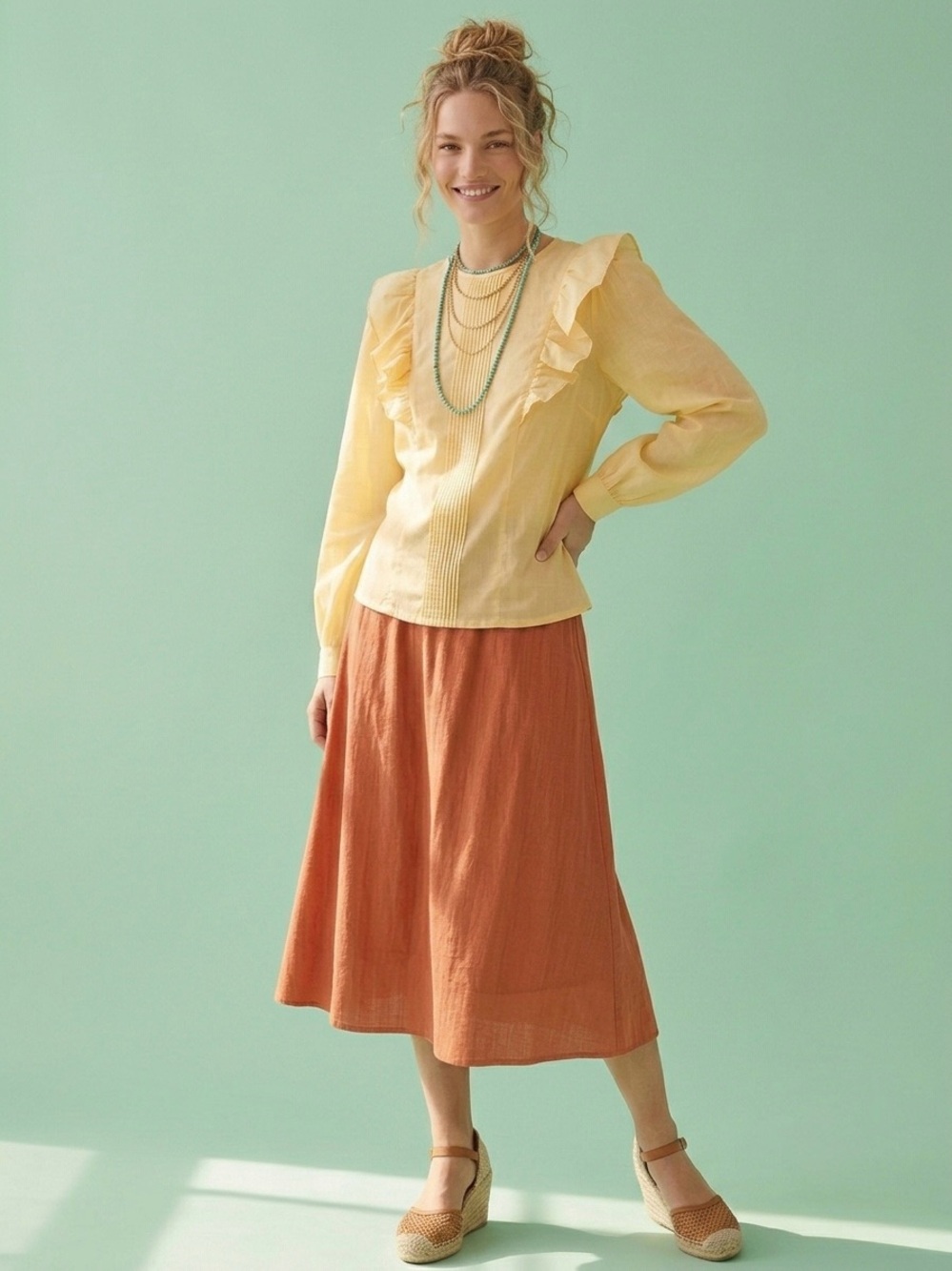 Vintage 70s You Babes Pastel Yellow Ruffle Tuxedo Pleat Blouse Back Button Sz S - Picture 14 of 16